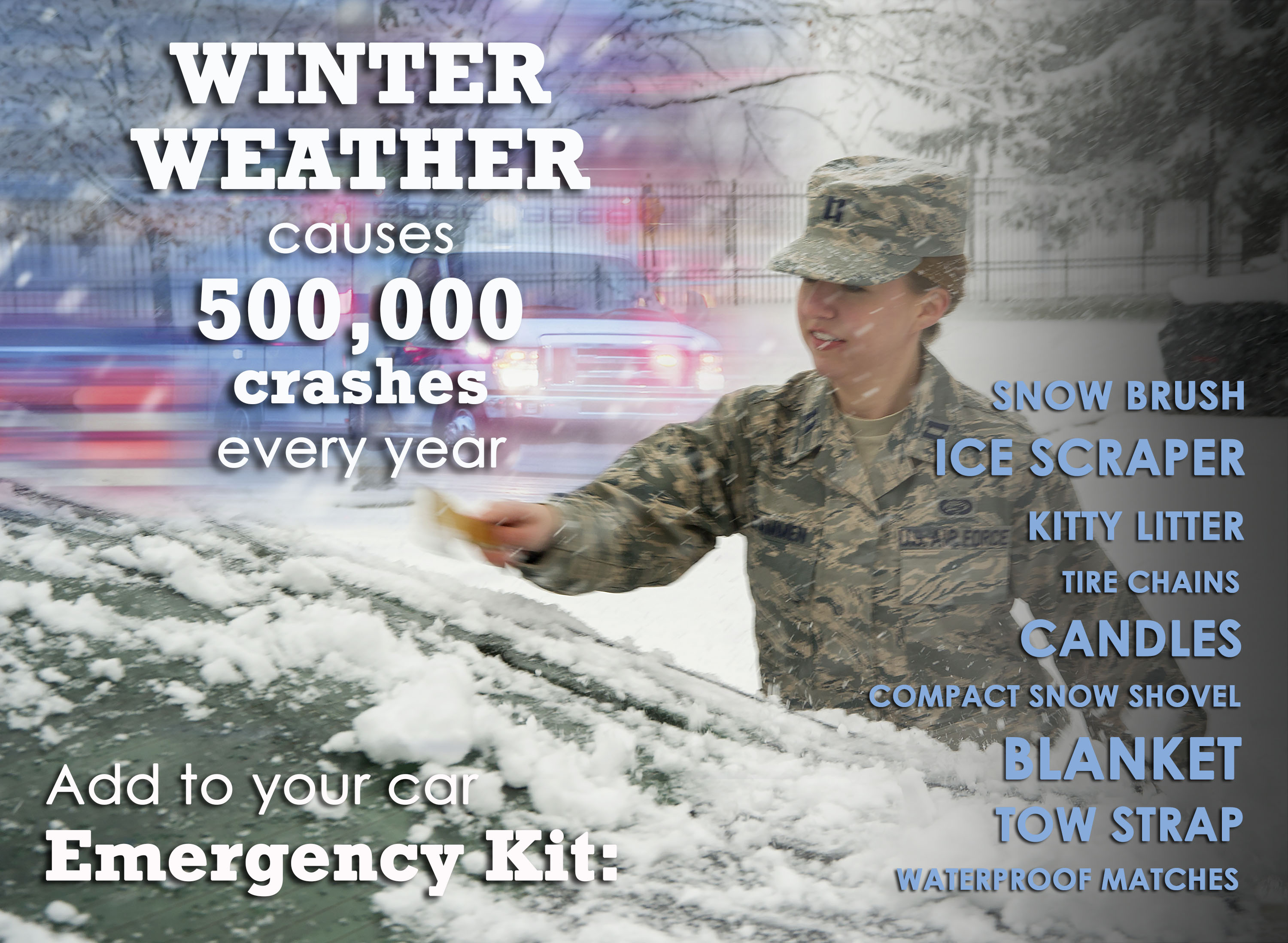 Winter Weather Statistics with female Air Force Captain cleaning snowy vehicle windshield